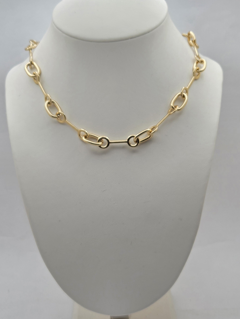 Gold Tone Bar & Oval Link Chain Necklace 19" Adjustable Rhinestone Accent